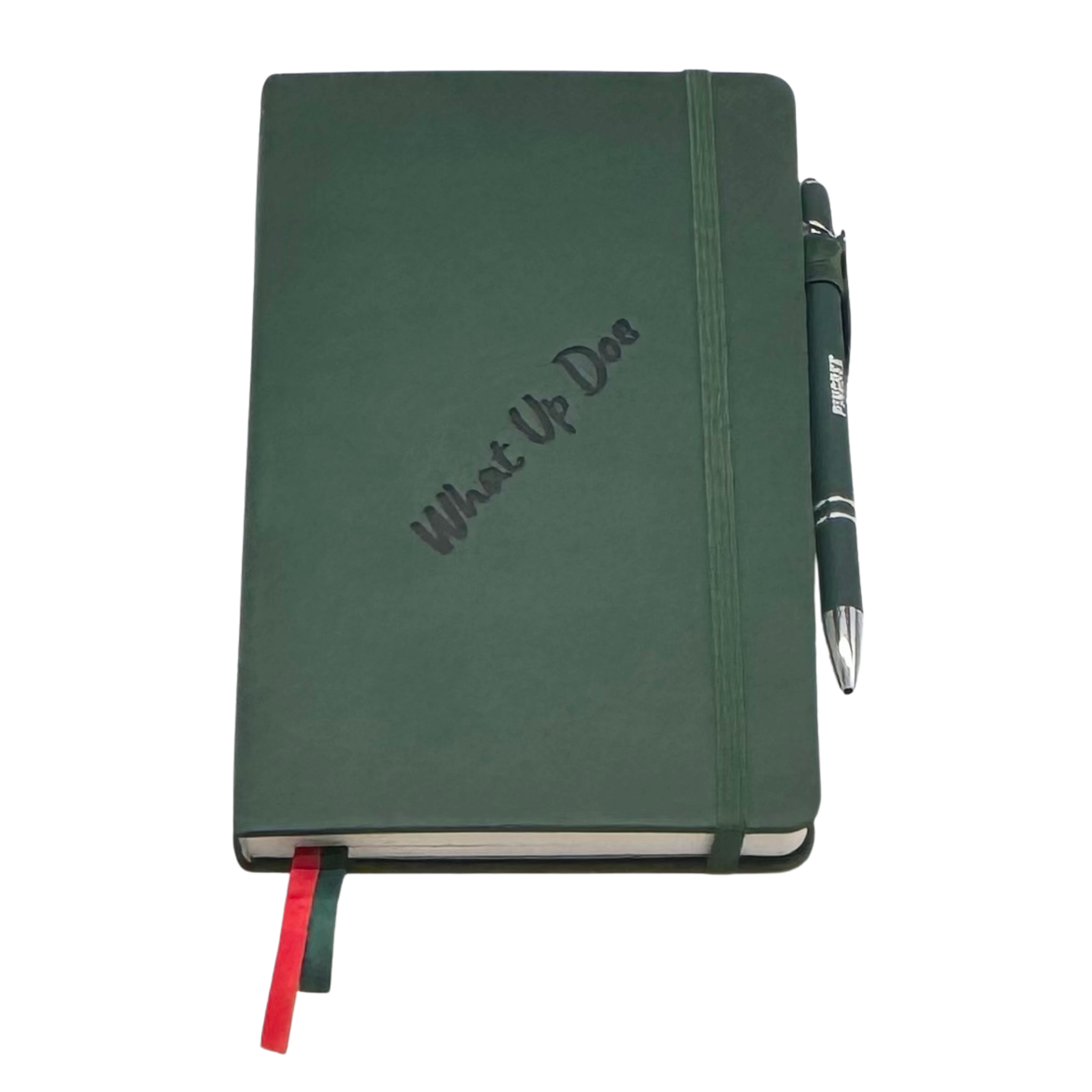 Green notebook with a pen on a white background. Our hand assembled Journal crafted with 100% recycled paper pulp with lined pages. Detroit made me. Includes a pen, double bookmarks a front pocket and a rear pocket and elastic closure that we sew for reinforcement. A 5 size, comparable to a moleskine style, fits inside of our portfolio or works great as a standalone.