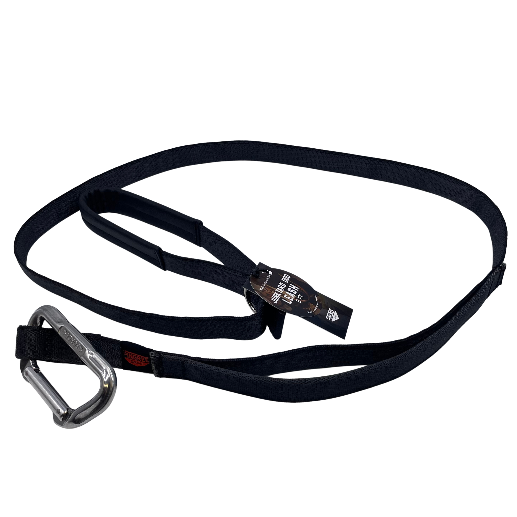 A heavy Duty, american made dog leash, leash, made with seatbelts, and leather upcycled from new cars. Made in Detroit and the Carabiners are also American made. 