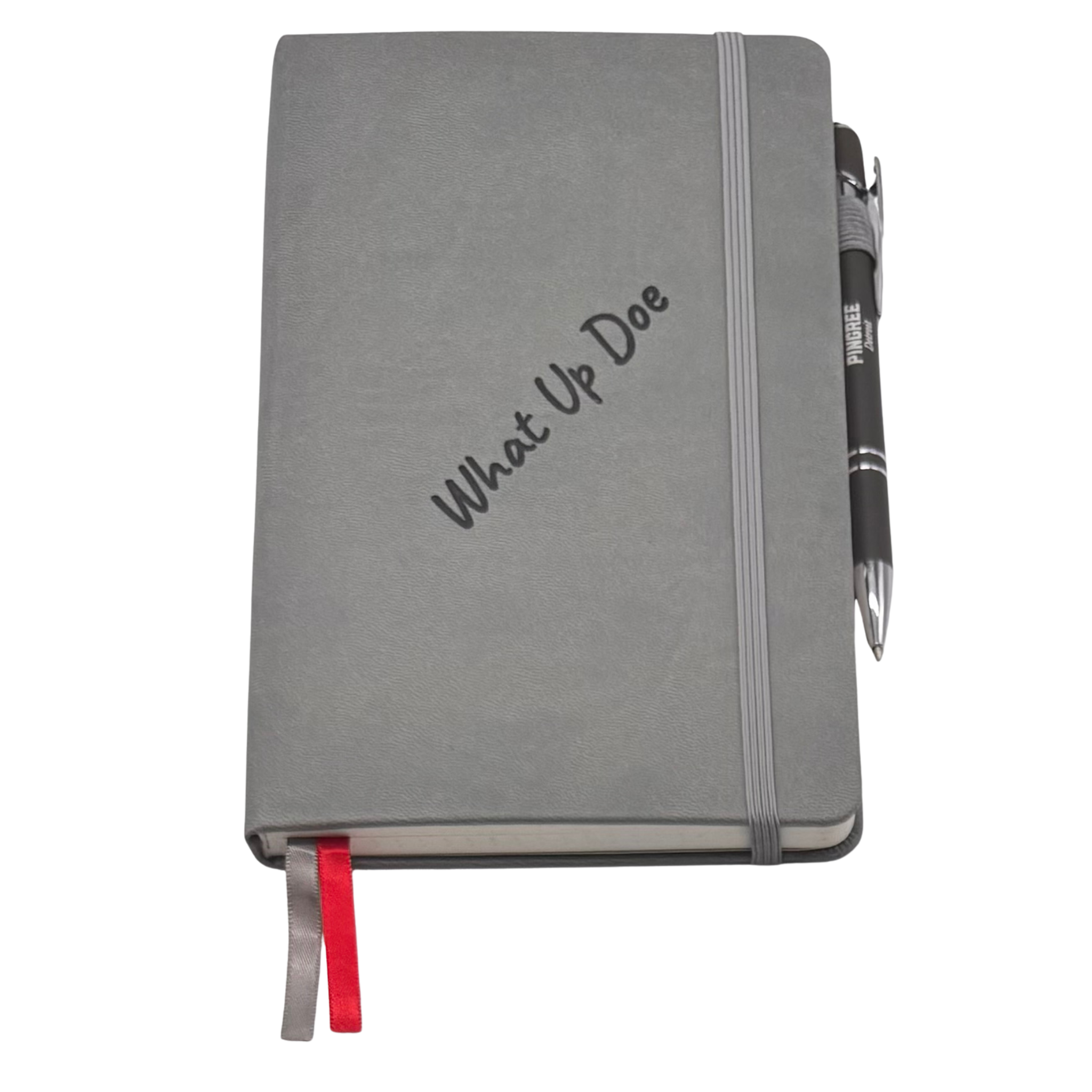 Gray notebook with 'What Up Doe' text and a pen on a white background. Our hand assembled Journal crafted with 100% recycled paper pulp with lined pages. Detroit made me. Includes a pen, double bookmarks a front pocket and a rear pocket and elastic closure that we sew for reinforcement. A 5 size, comparable to a moleskine style, fits inside of our portfolio or works great as a standalone.