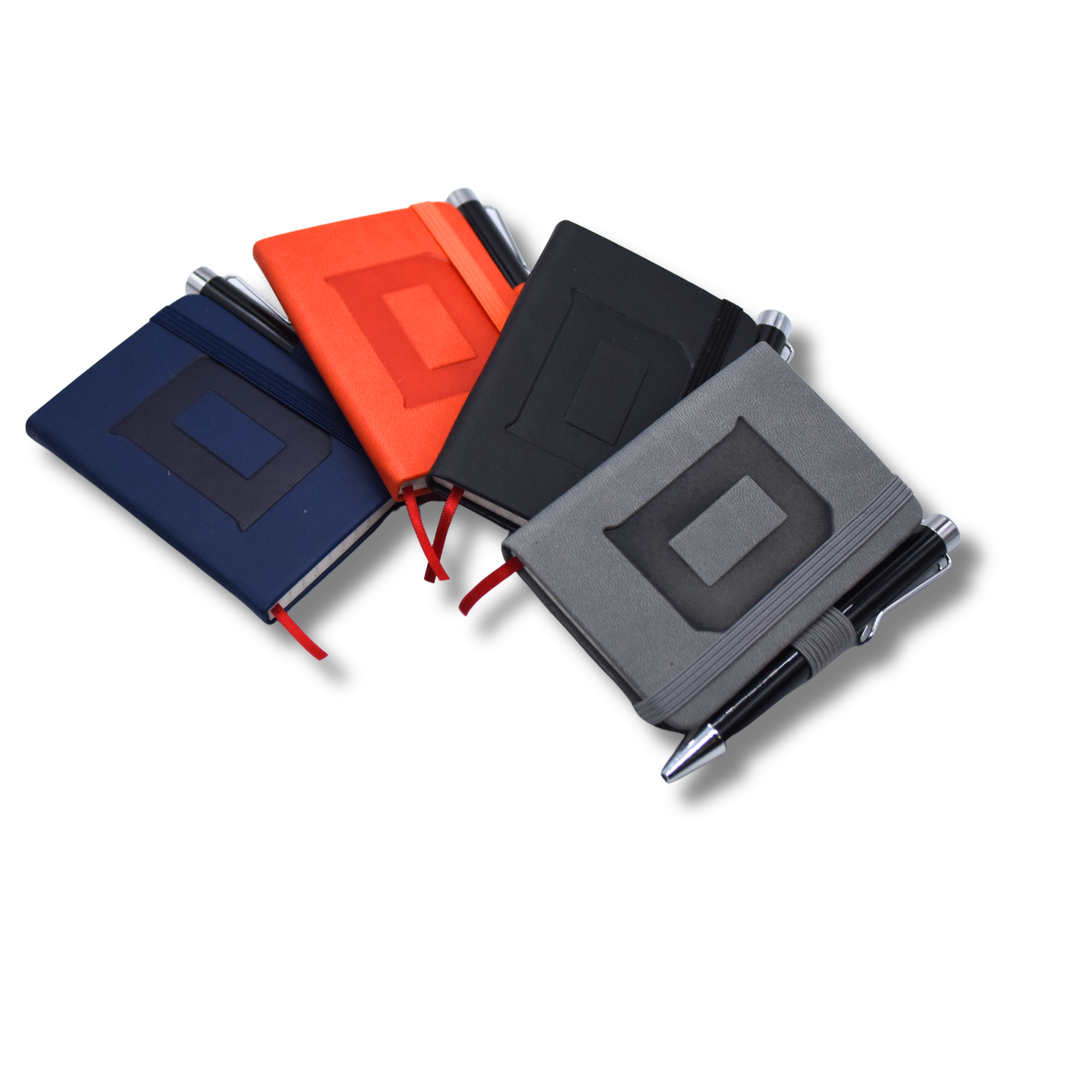 Four notebooks with built-in pens in blue, orange, black, and gray on a white background