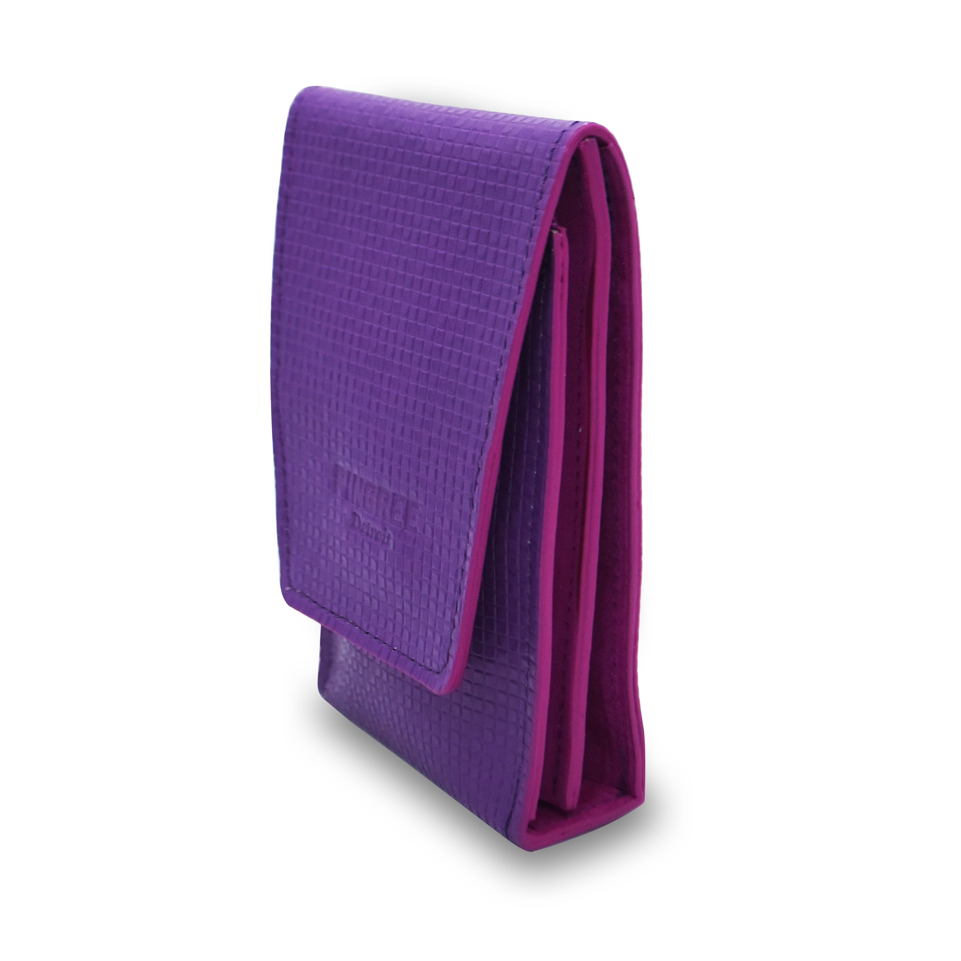 A purple textured leather MVB pouch with a magenta-pink interior lining, shown standing upright on a white background.