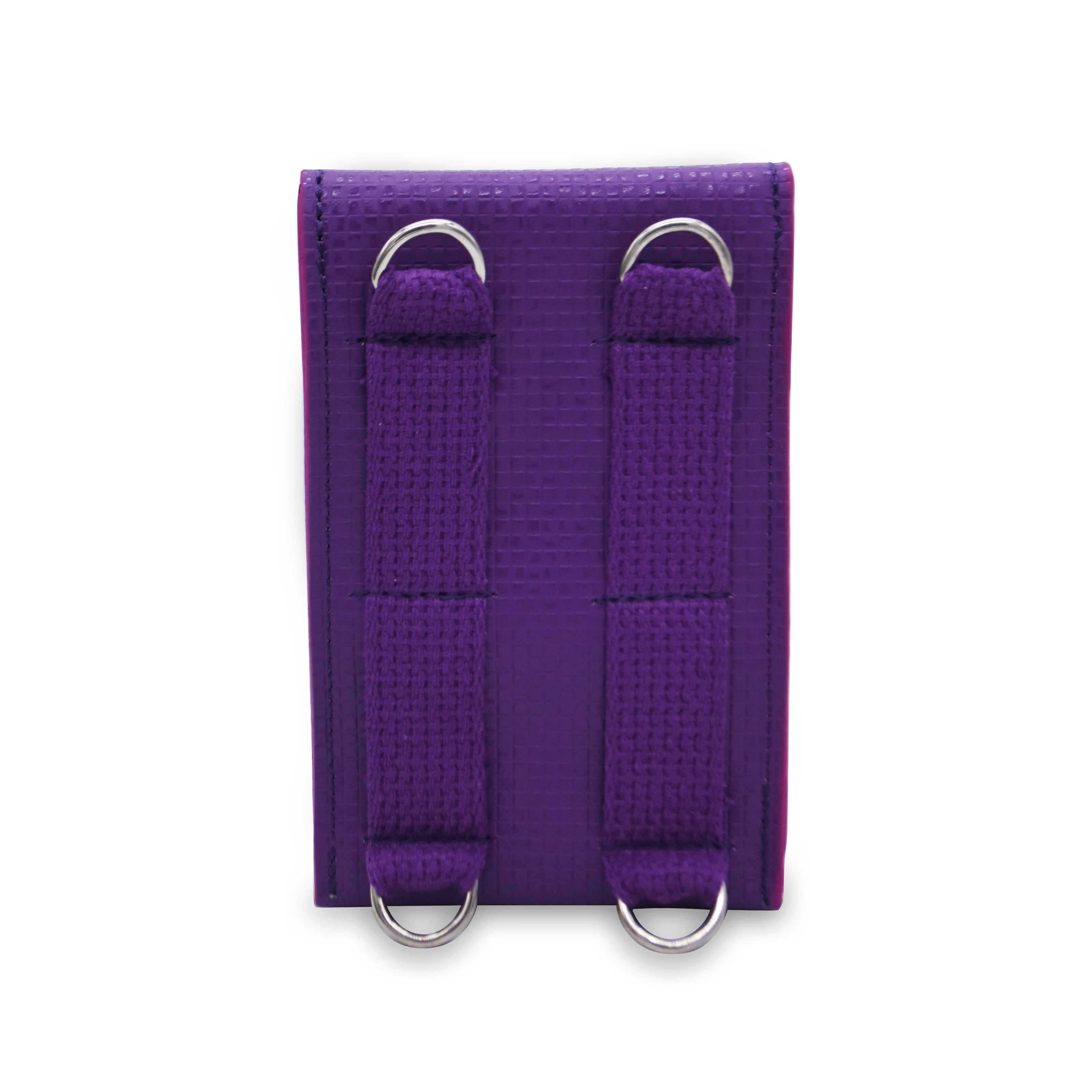 The rear side of our purple textured leather pouch with two vertical webbing straps and silver metal D-rings, shown against a plain white background.