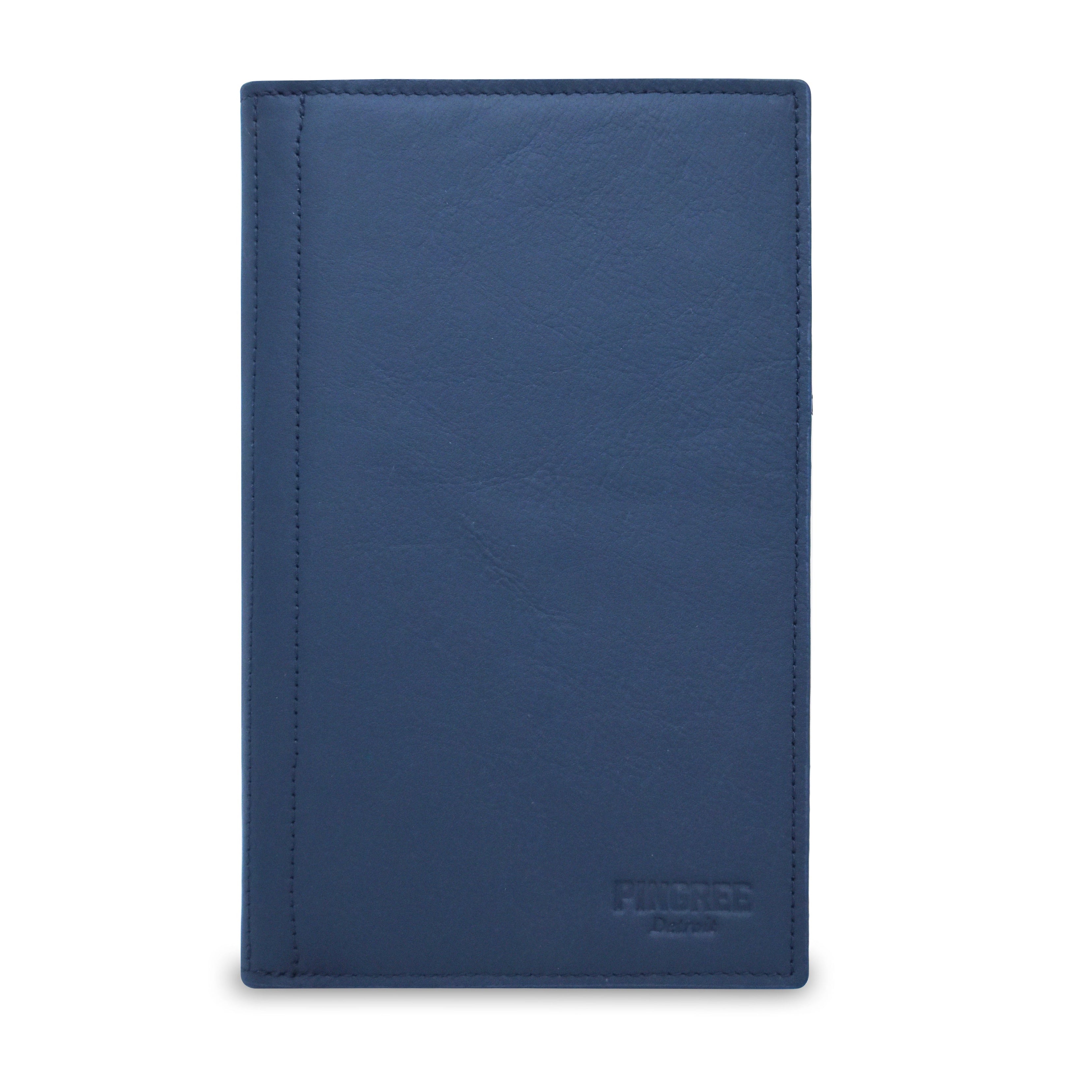 A blue leather moleskine cover with a debossed Pingree Detroit logo in the bottom right corner, shown on a plain white background.