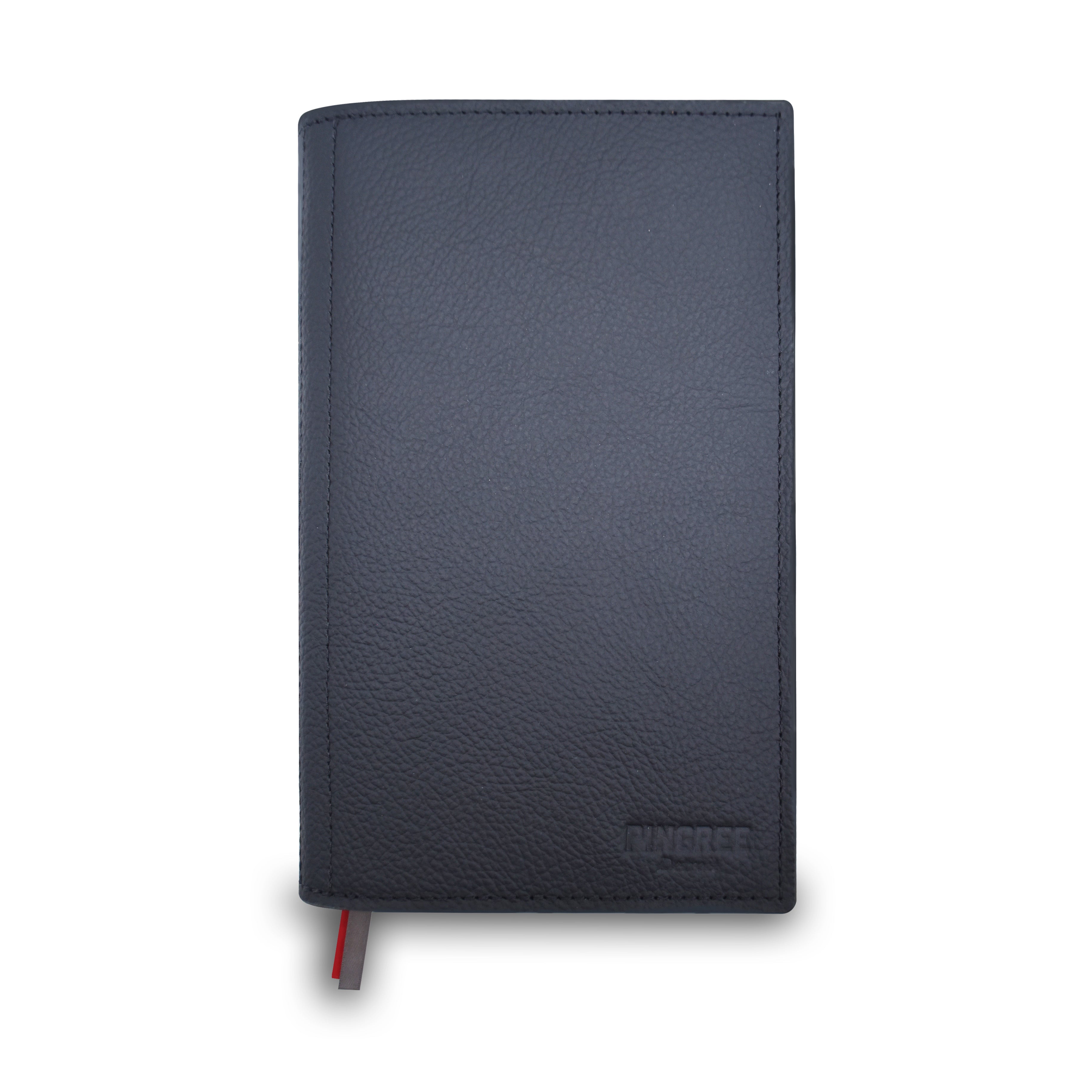 A dark black textured leather notebook cover with a small red ribbon bookmark and a debossed logo on the bottom right, shown on a white background.