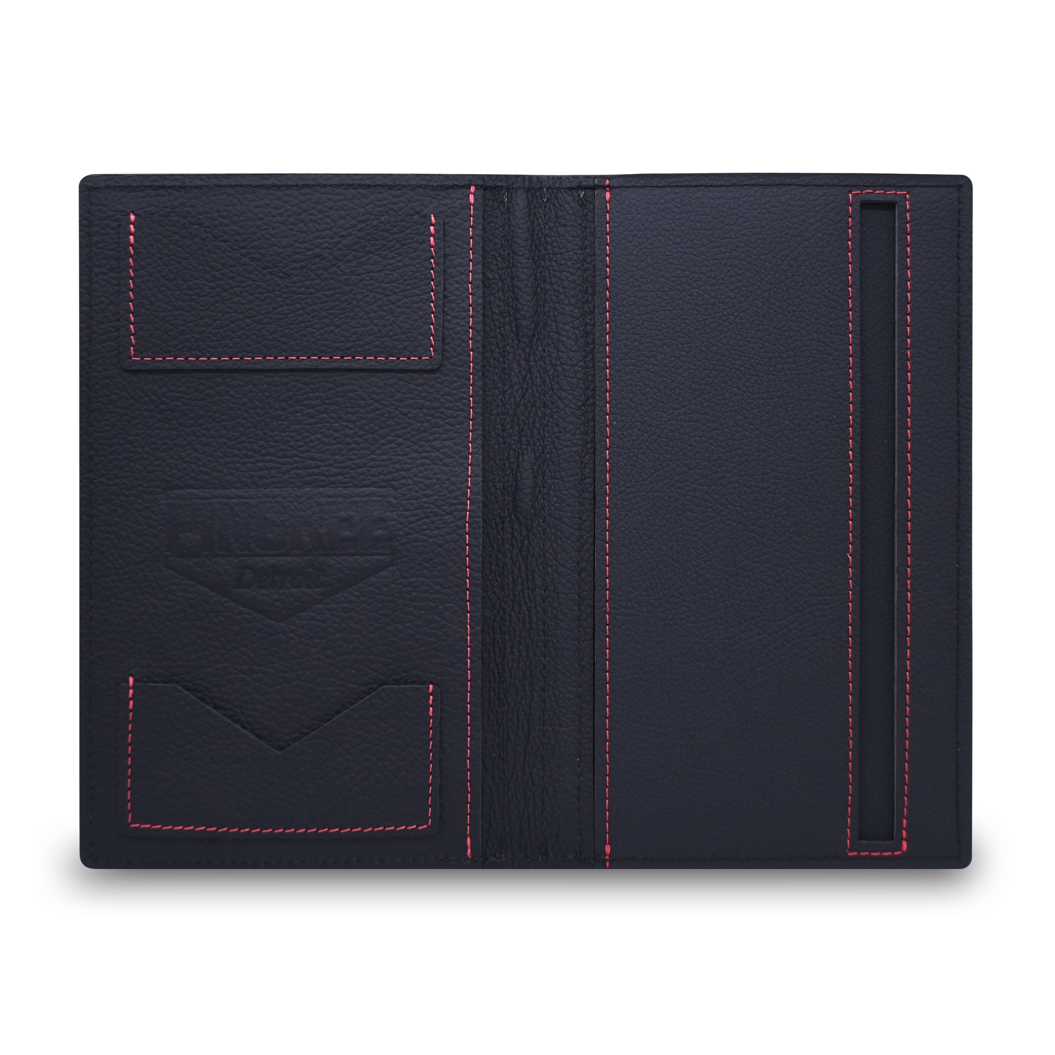 A dark black textured leather organizer sleeve that holds the workfolio, shown open to reveal its interior layout. The case features vibrant red contrast stitching, two card slots on the left, and a vertical journal slot holder on the right.