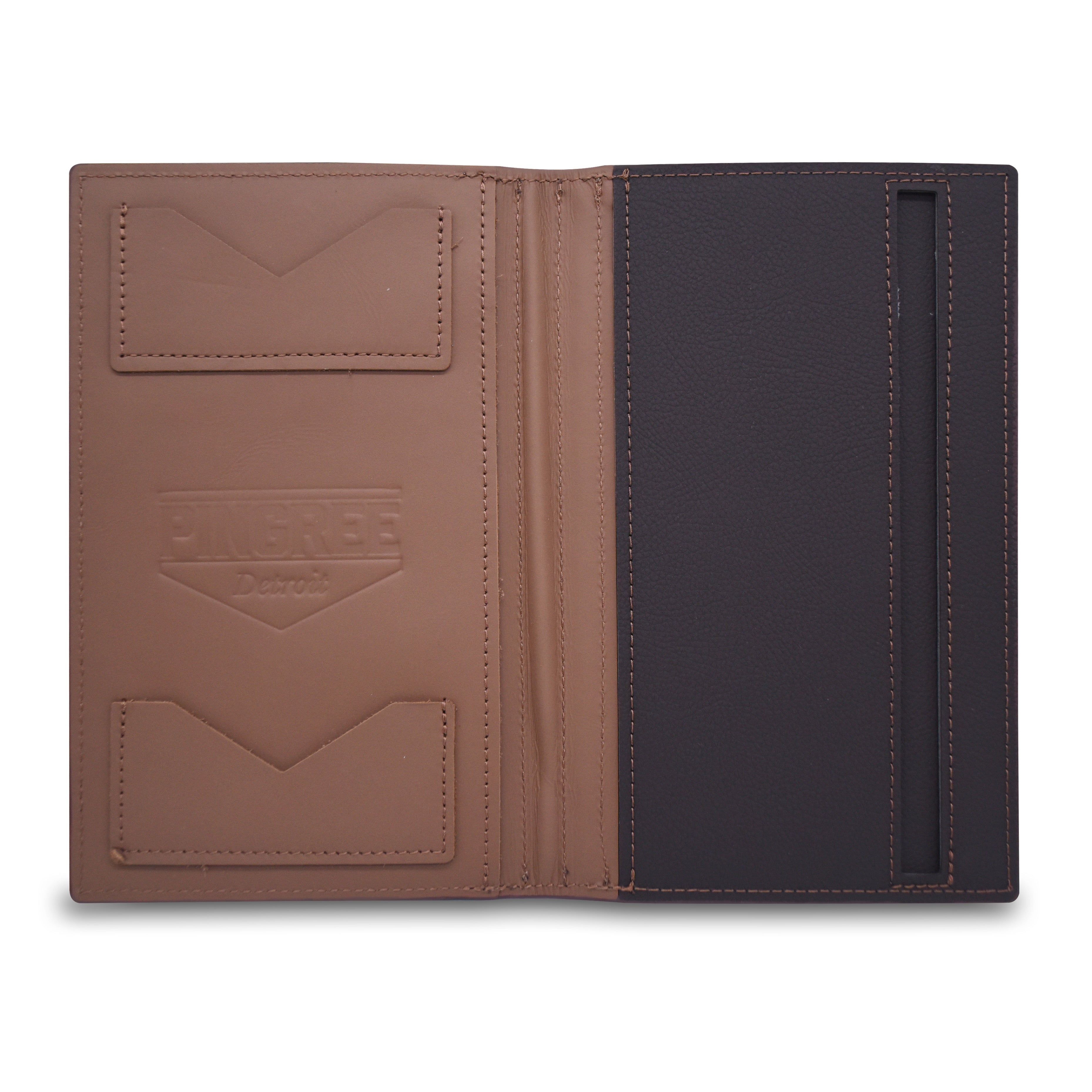 A light brown  leather organizer sleeve that holds the Pingree journal, shown open to reveal its interior layout. The case features vibrant red contrast stitching, two card slots on the left, and a vertical journal slot holder on the right.