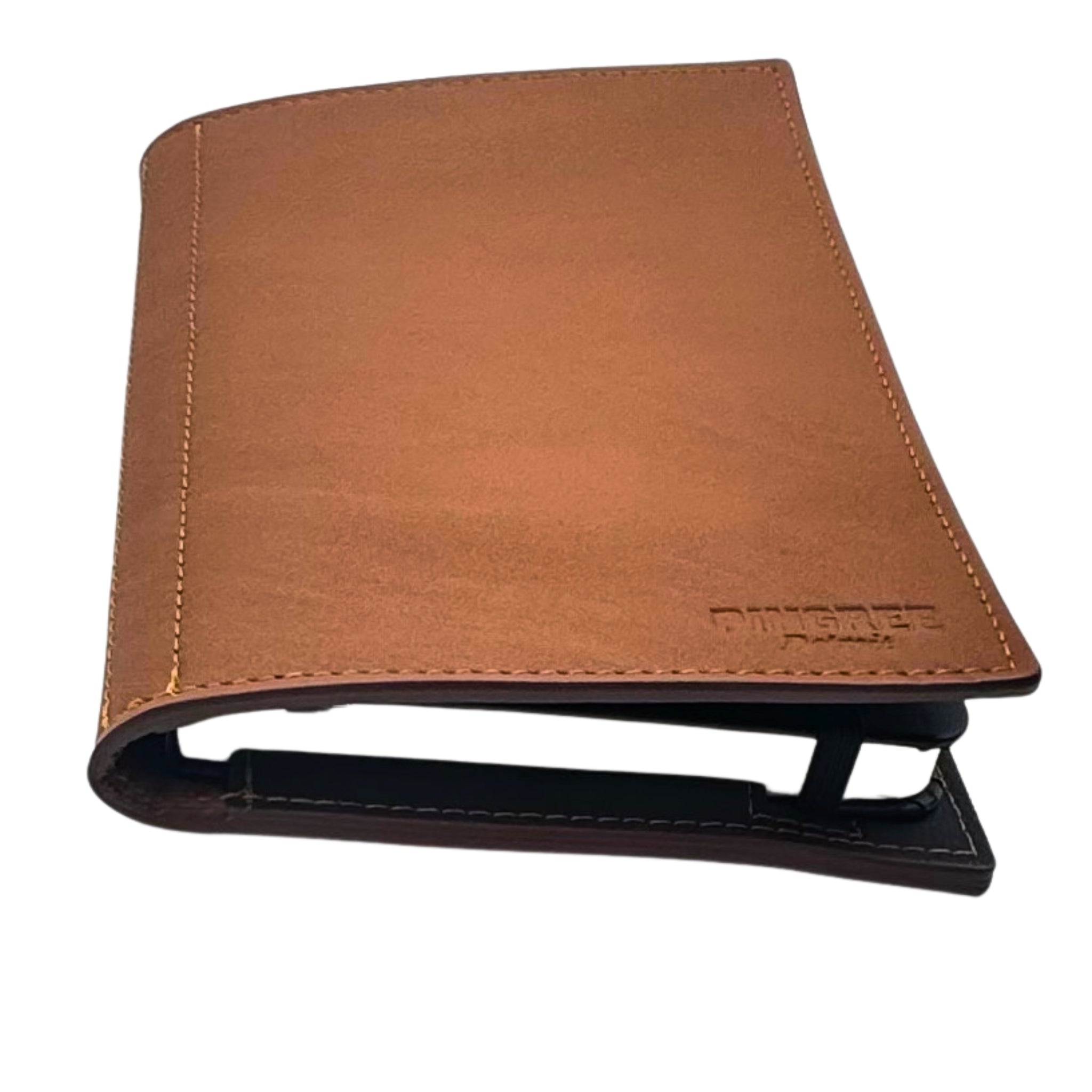 Detail of brown leather folio with brown edge paint of the Pingree Moleskin Work Folio. Sustainable leather sourcing from waste from the automotive industry. This Work folio is Made for work or for journaling or for business or for school. It’s a WORK folio made in Detroit for work and hold a small size table tablet. Pen included.