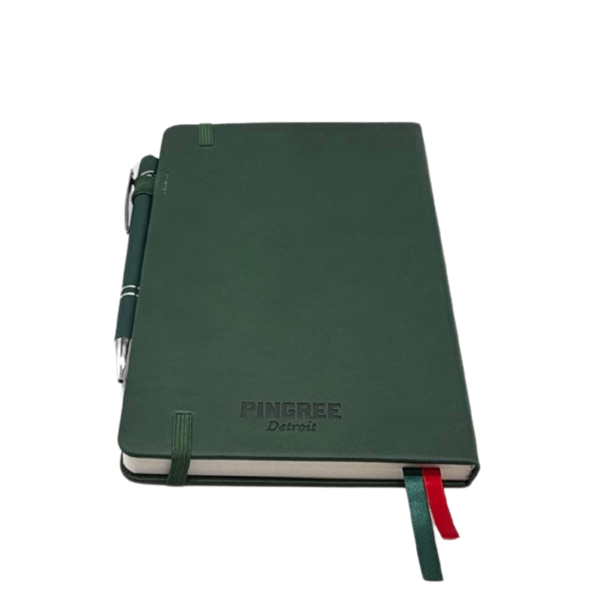 Green notebook with a pen on a white background. Our hand assembled Journal crafted with 100% recycled paper pulp with lined pages. Detroit made me. Includes a pen, double bookmarks a front pocket and a rear pocket and elastic closure that we sew for reinforcement. A 5 size, comparable to a moleskine style, fits inside of our portfolio or works great as a standalone.