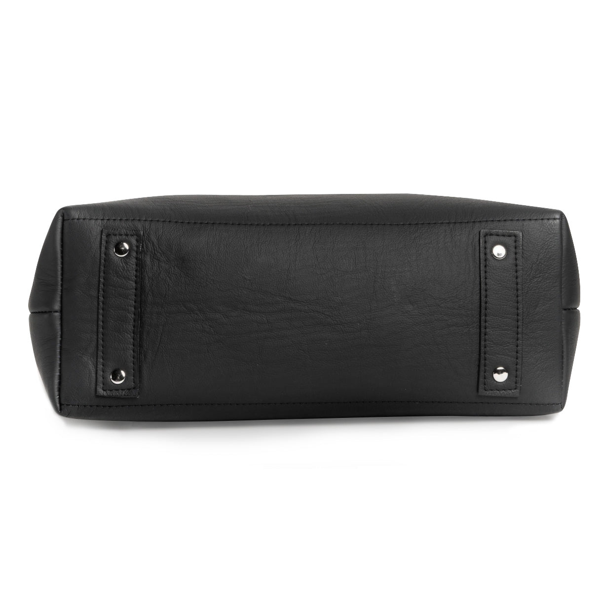 Black leather handbag bottom with silver hardware on a white background