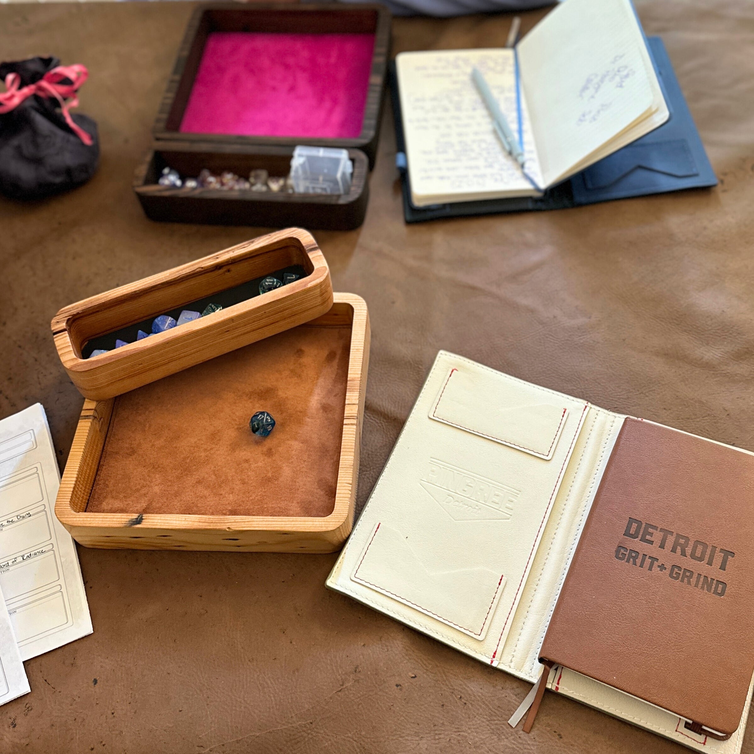 A look at our TTRPG dice tray, modular dice tray during a game. This is a DnD accessories for
Dungeons and Dragons tray,
RPG dice organizer
custom dice tray handmade
upcycled leather gaming gear
eco-friendly TTRPG accessories
tabletop RPG tray
handmade DnD gear