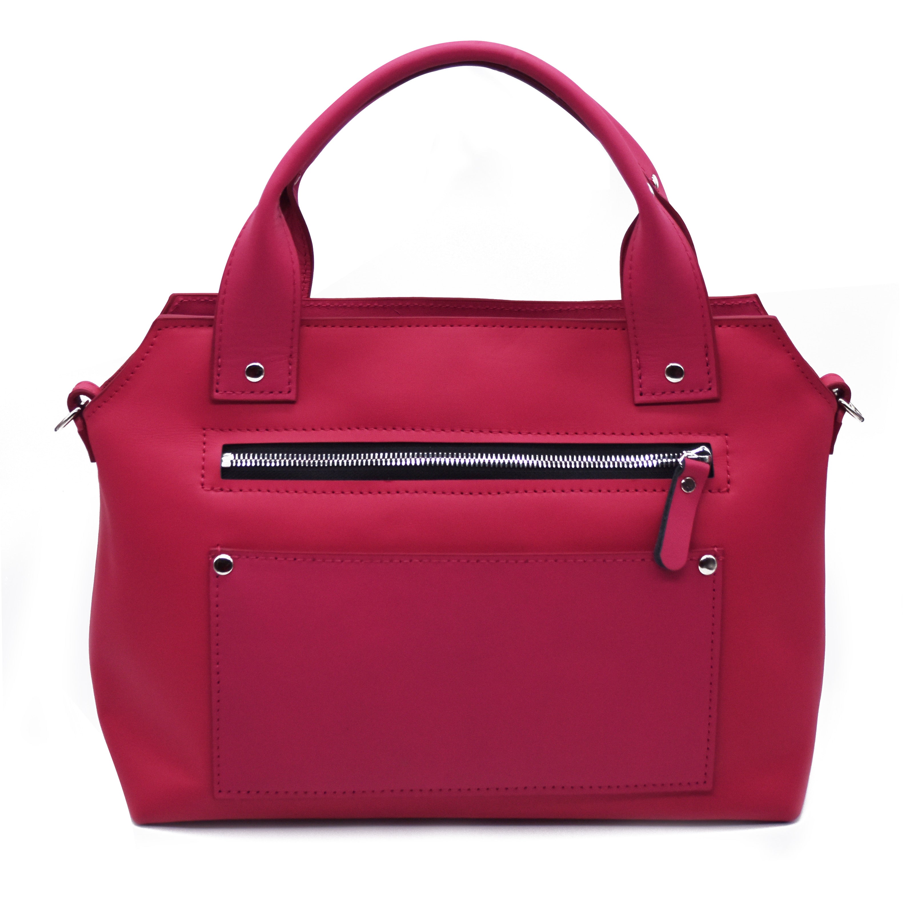 Hot pink handbag with a silver zipper on a white background