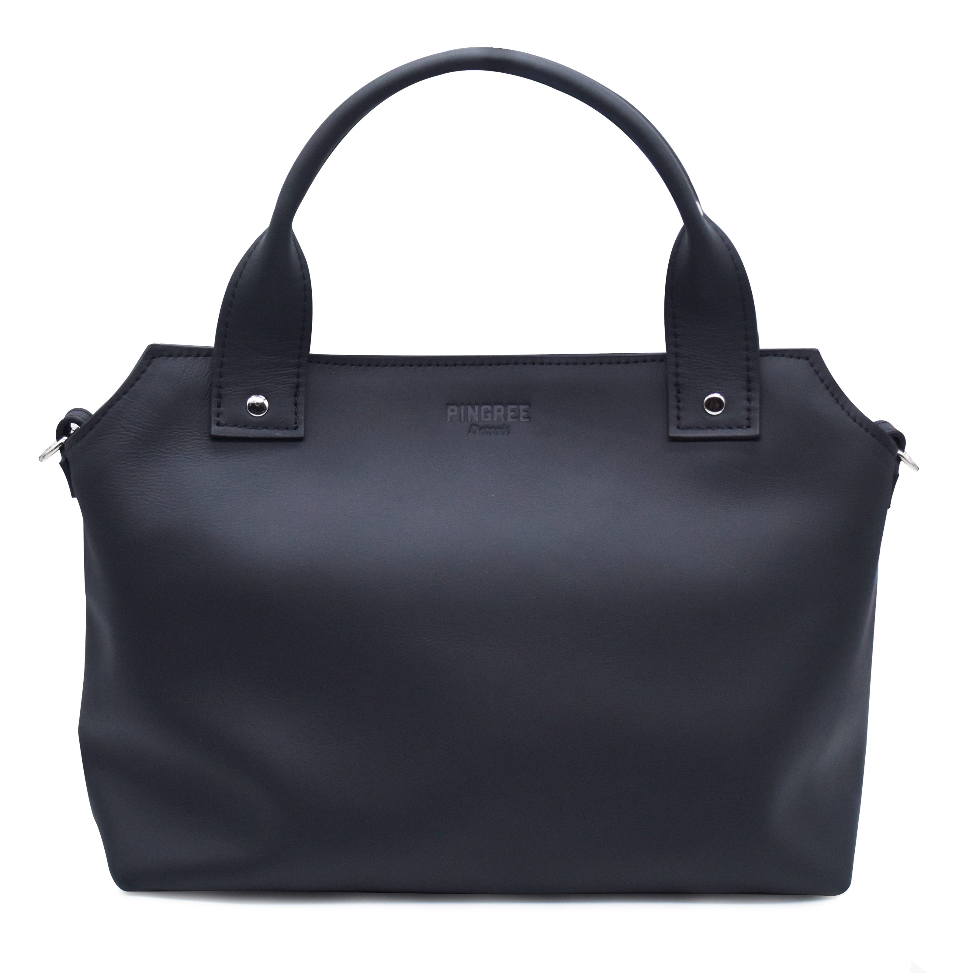 Black purse. Front image. Silver hardware. 