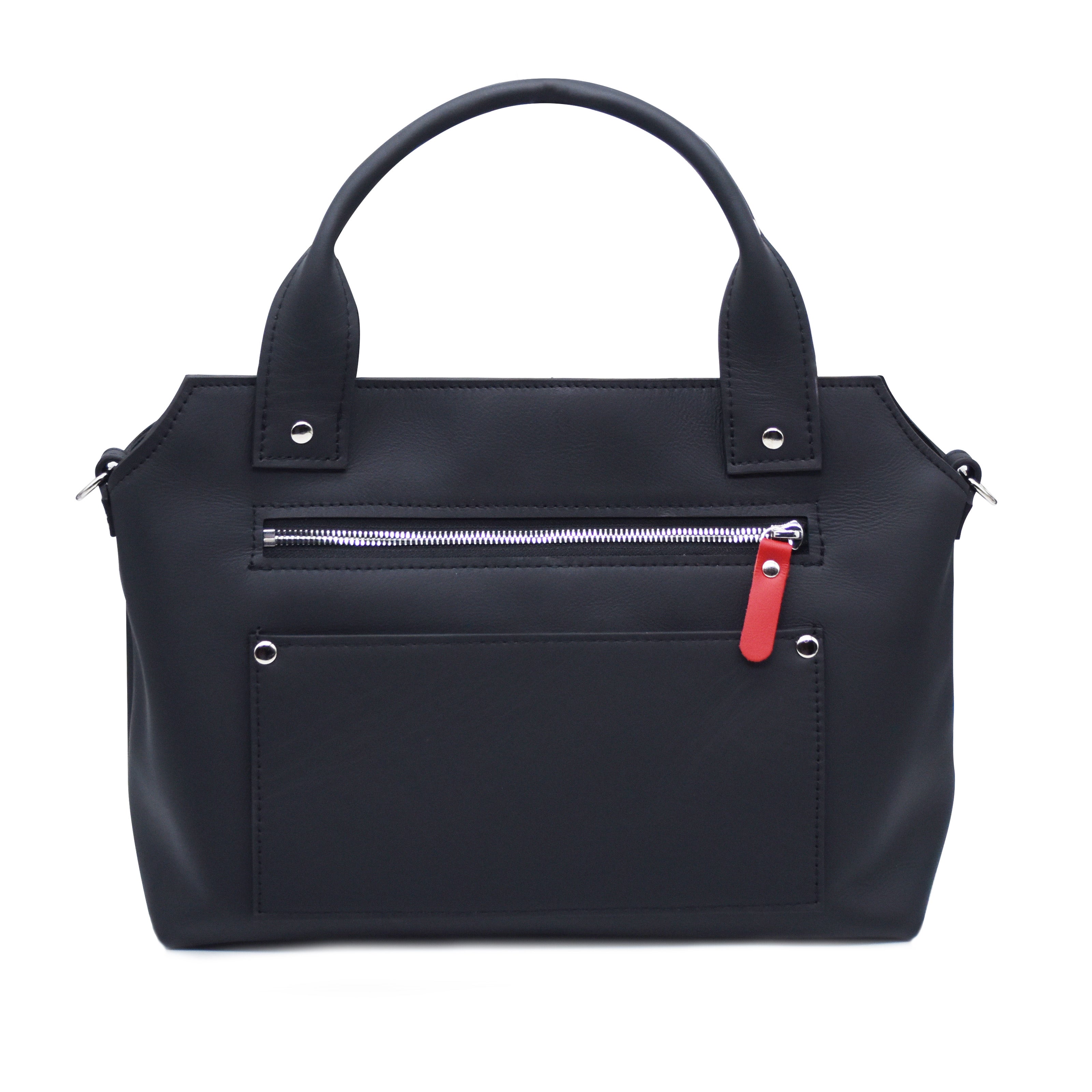 Black handbag with a red zipper tag on a white background