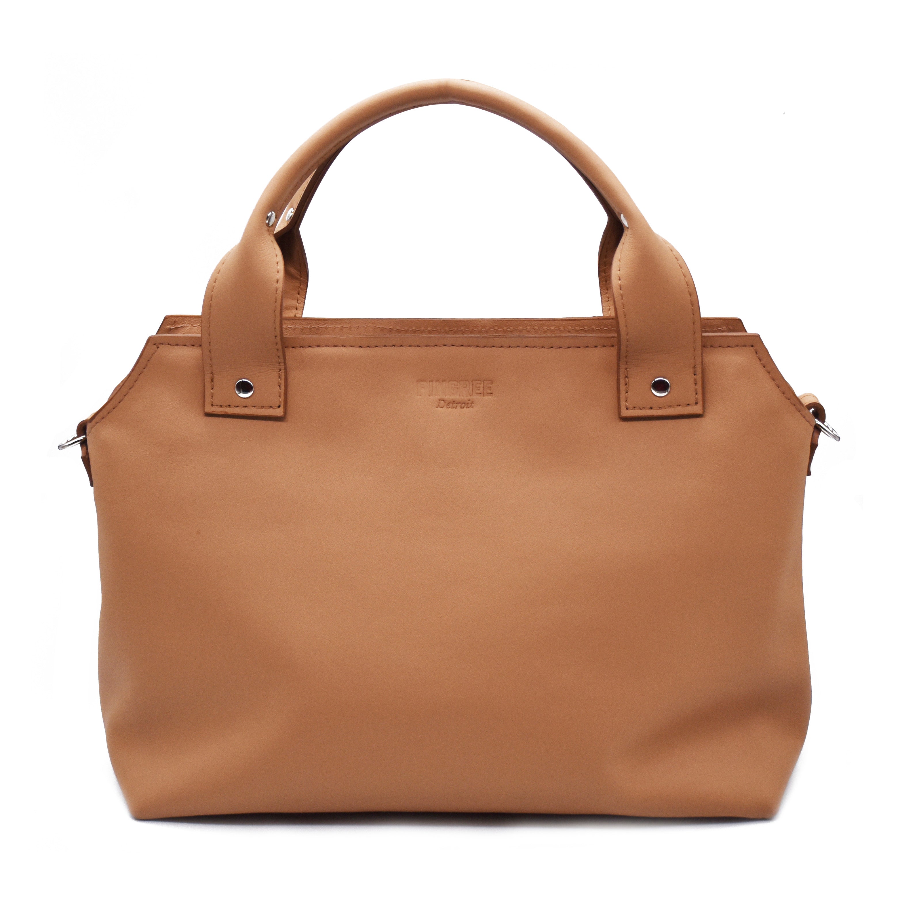 Front side of the sandy brown purse. 