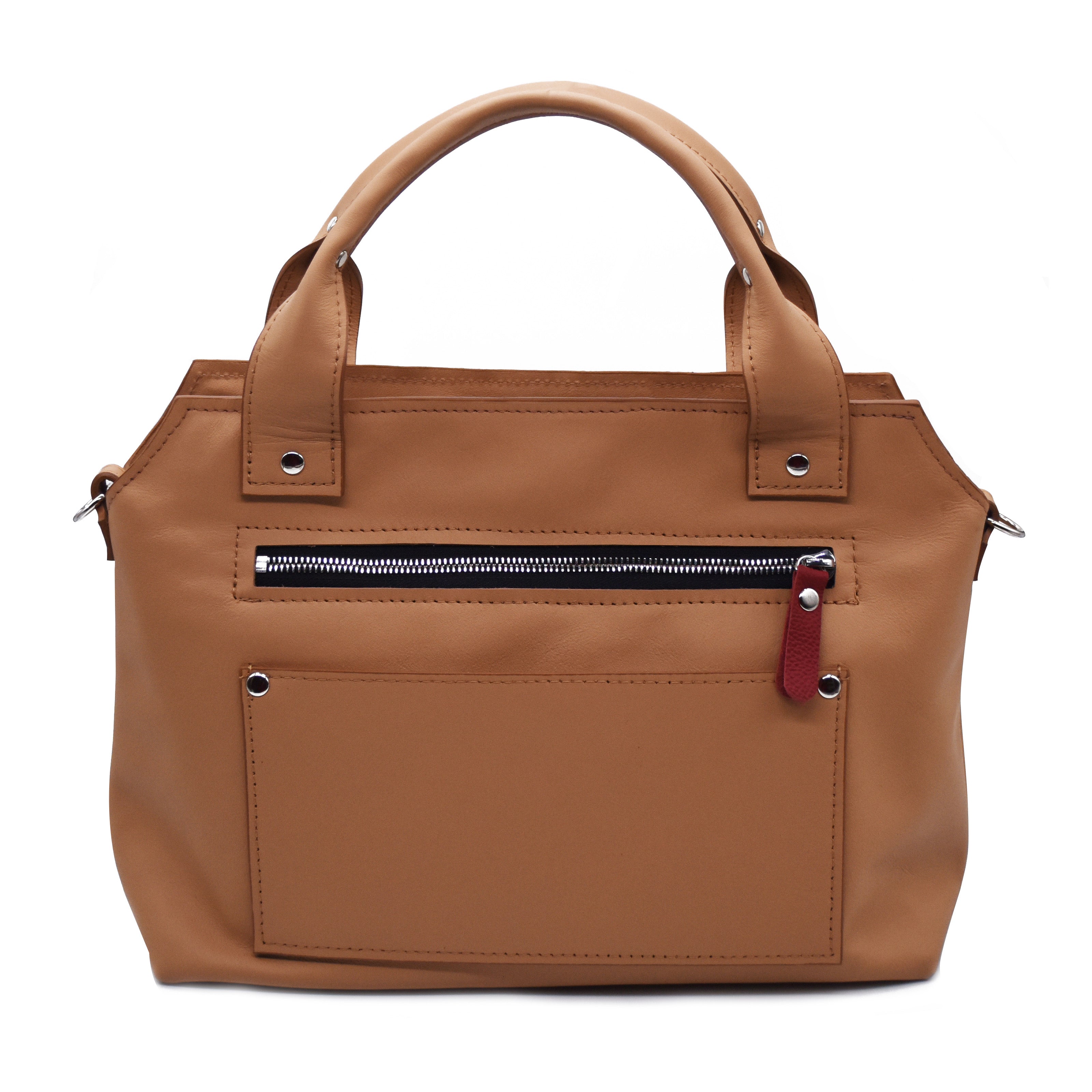 Brown handbag with a zipper pocket and slip pocket on a white background. Made with upcycled leather