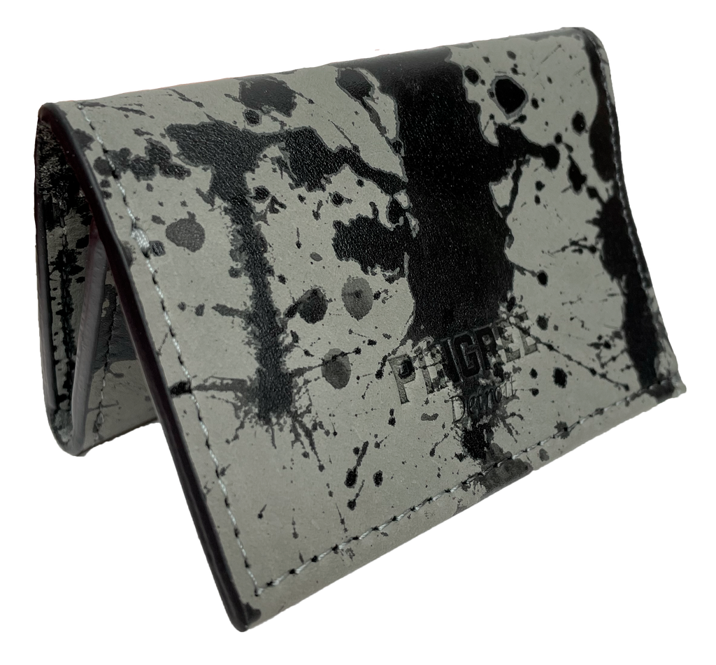 Rorschach grey Willow Run Trifold Wallet. Upcycled automotive leather.