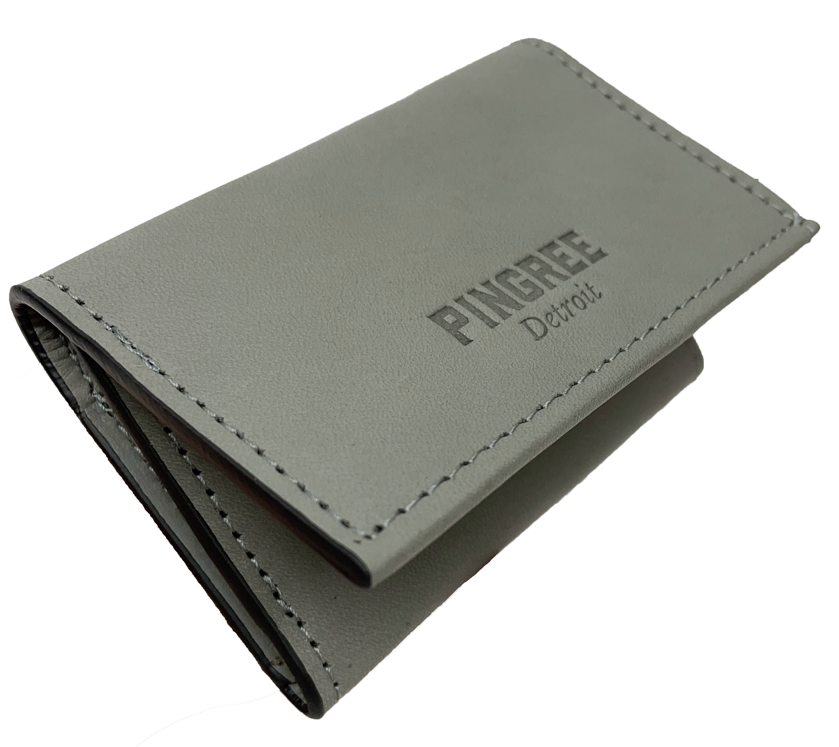 Grey Willow Run Trifold Wallet made from repurposed automotive leather. 