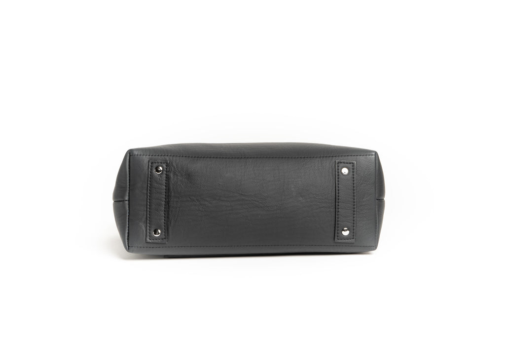 Bottom of Beaubien bag in onyx black. Ecofriendly, upcycled leather from the automotive industry. Made in Detroit, MI.