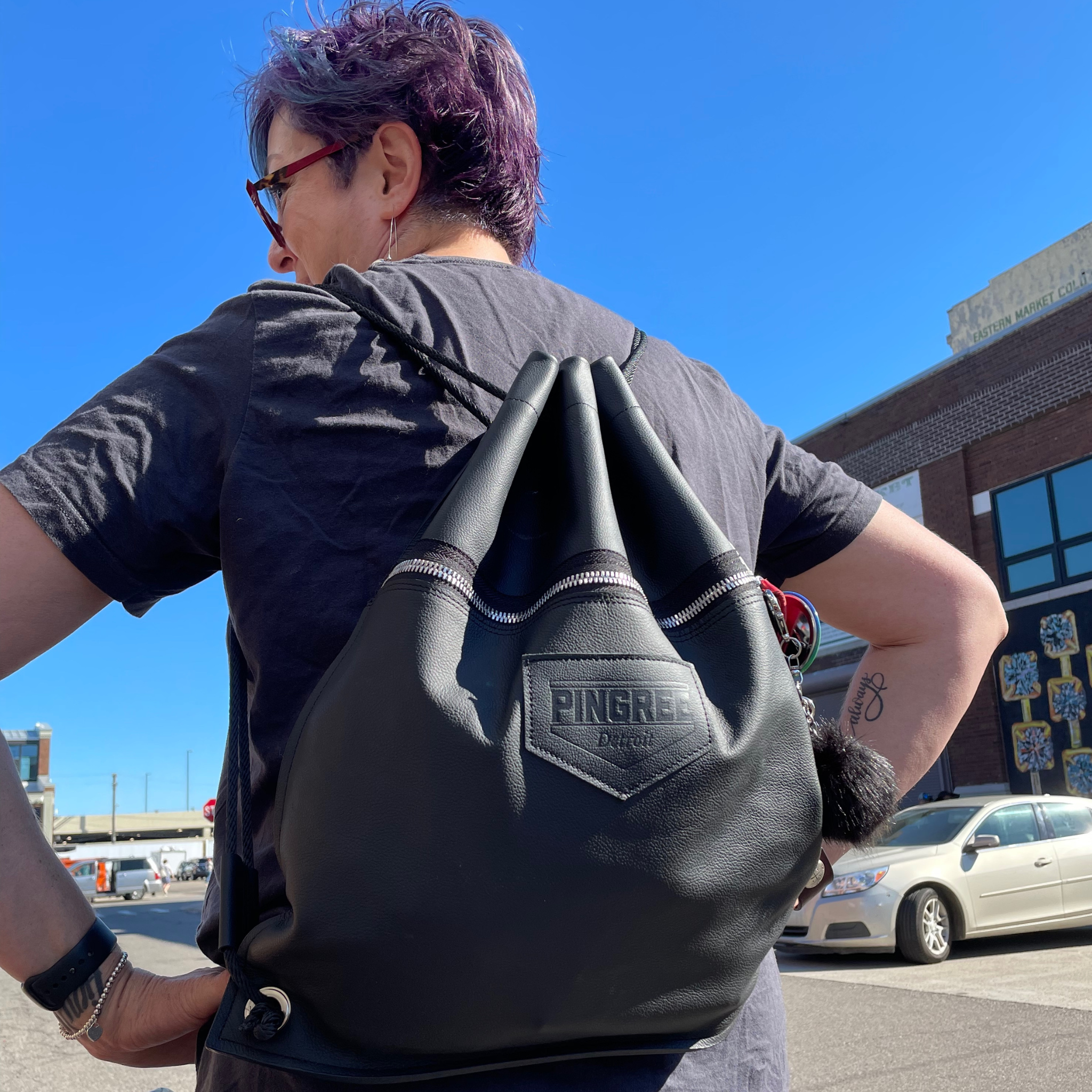 blythe leather drawstring backpack bag pink Detroit Drawstring Backpack. Handmade Upcycled Leather Bag Dire Wolf at Dawn