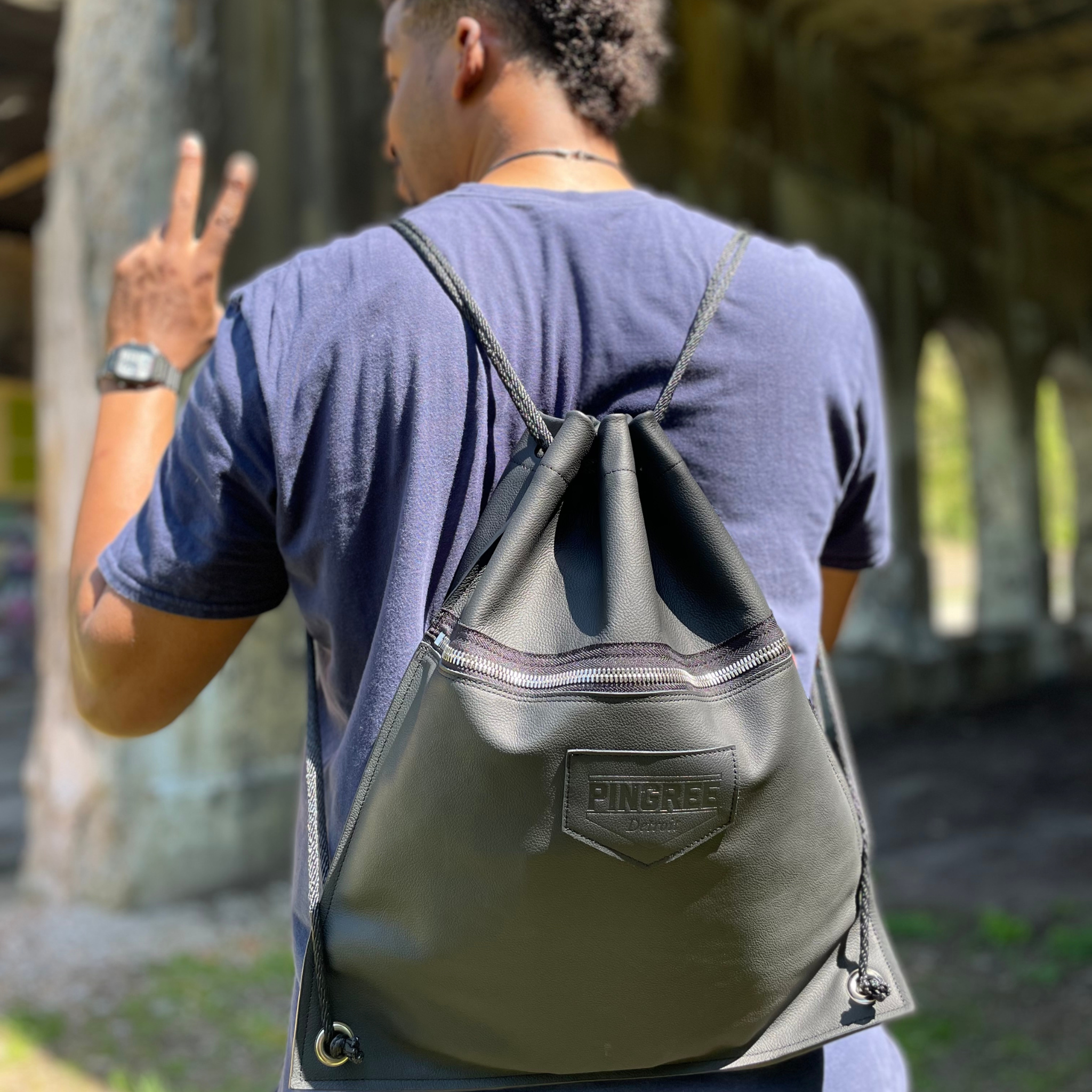 blythe leather drawstring backpack bag pink Detroit Drawstring Backpack. Handmade Upcycled Leather Bag Dire Wolf at Dawn