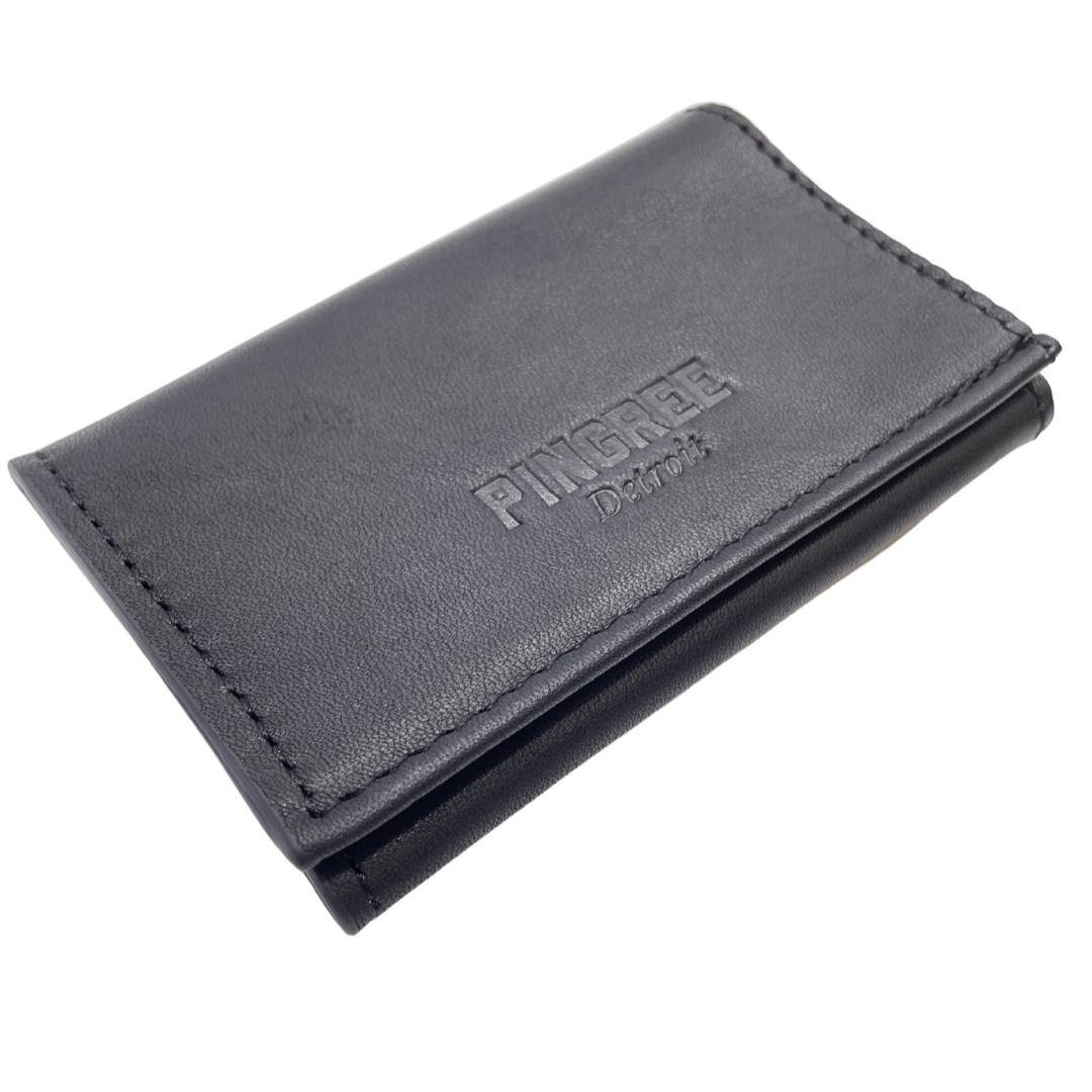 Black wallet made in the USA, trifold style holding 8-16 cards and RFID blocking sleeve. 