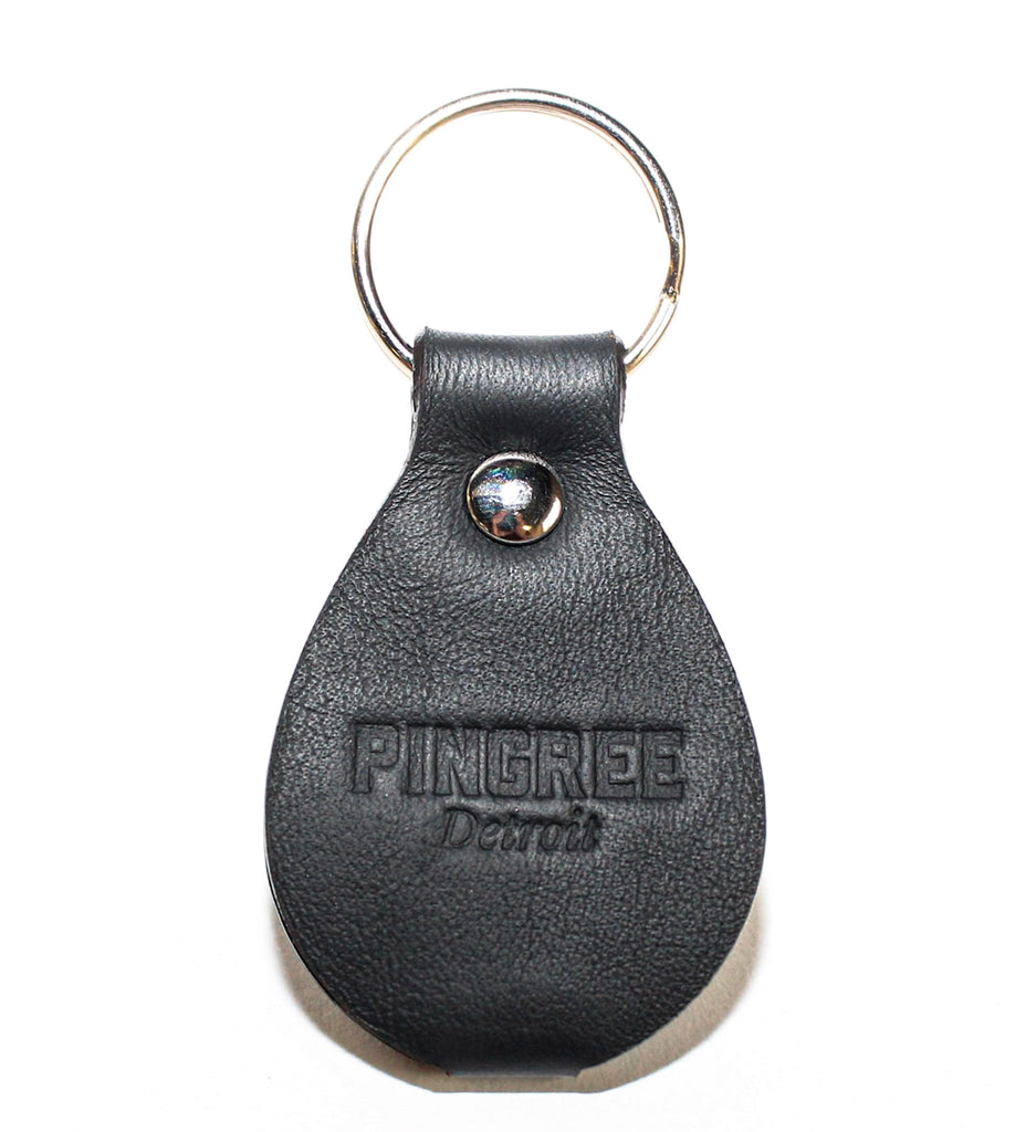 Kercheval keychain with Pingree Detroit logo. All American made hardware. Manufactured in the USA from sustainable, upcycled leather.