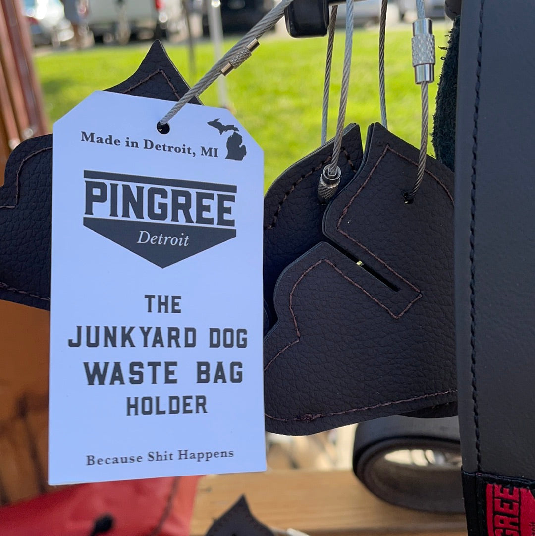 Pingree Waste Bag holders at the market with paper tags. All made in Detroit from ecofriendly upcycled vinyl.