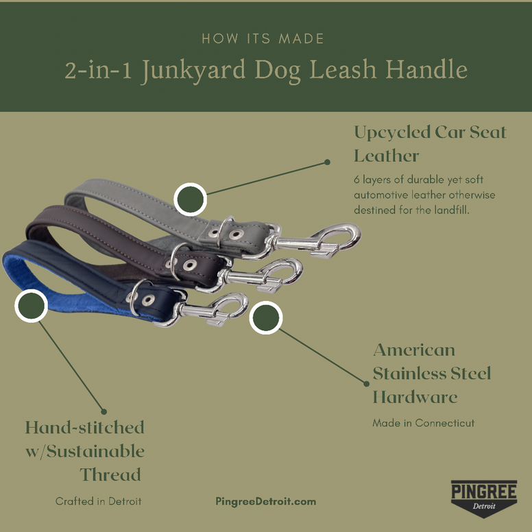 Junkyard Dog Handle with 6 layers of durable, soft upcycled automotive leather.