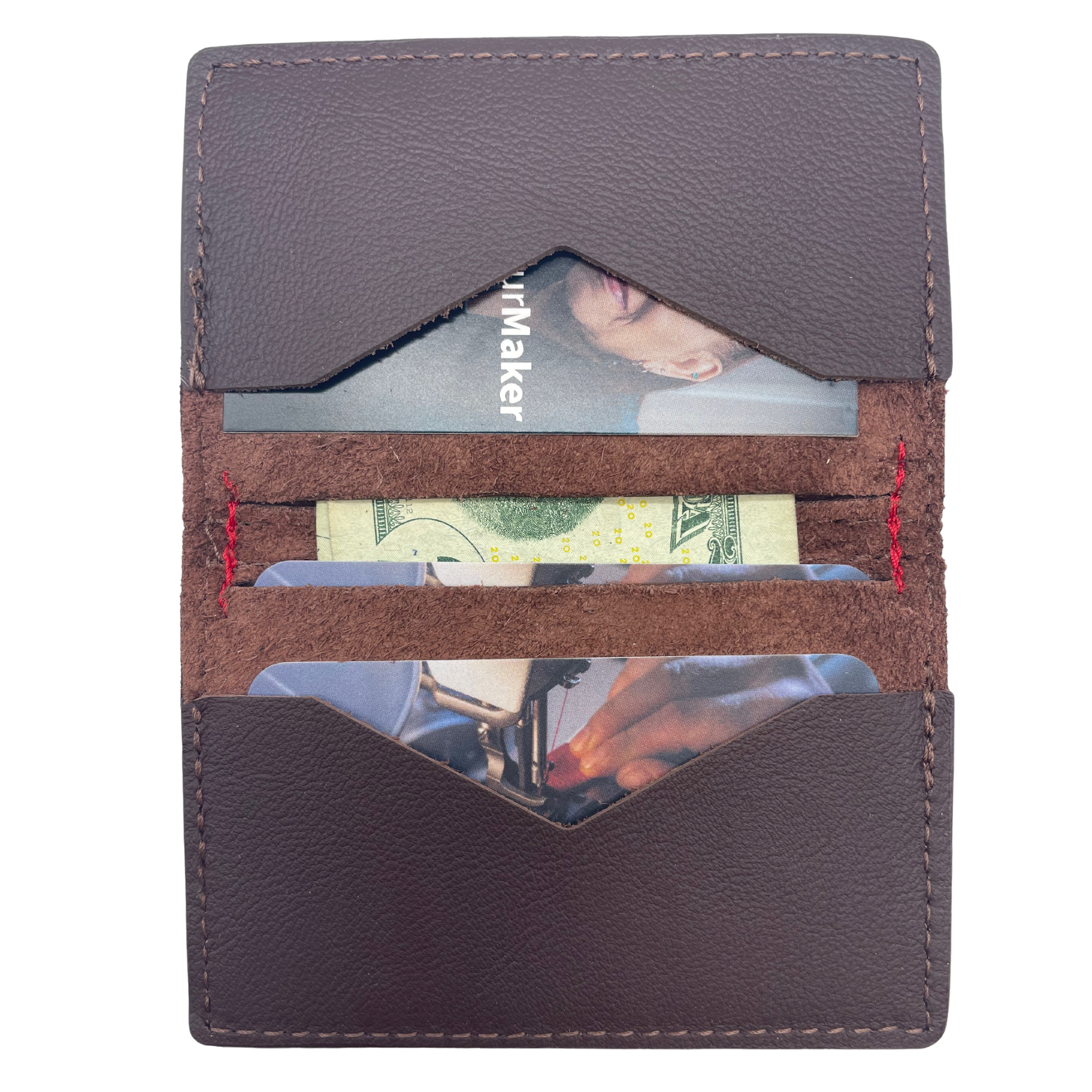 Leather bi-fold wallet handmade in Detroit with upcycled leather from the auto industry and made in Detroit, MI USA, by hand, from Veterans and Detroiters. 