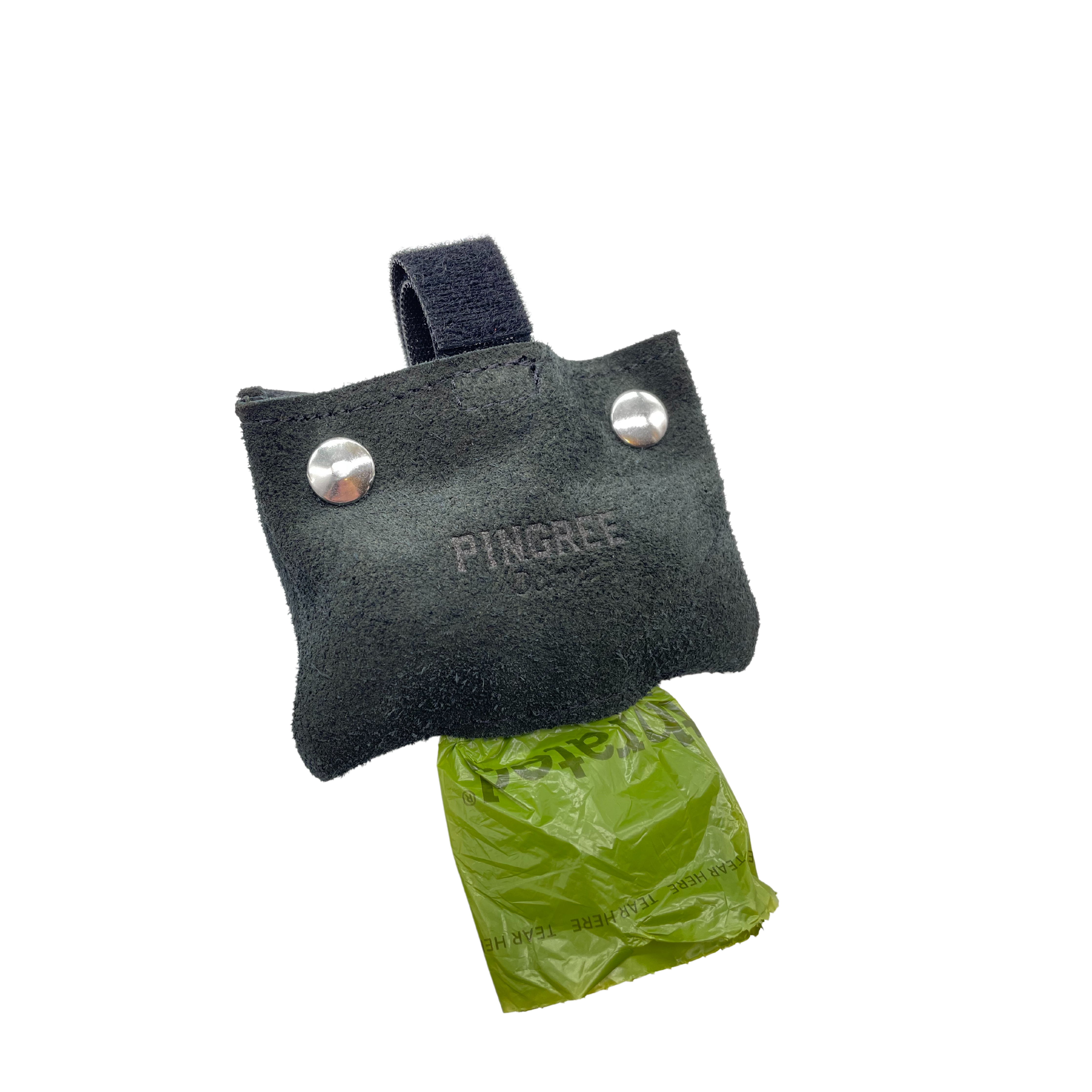 Pingree's Junkyard dog waste bag dispenser, made from upcycled automotive leather, comes with compostable poop bags